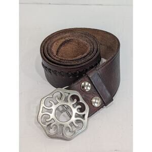 Western Boho Brown Leather Belt Black Whipstitch Lacing Silver Floral Filigree L
